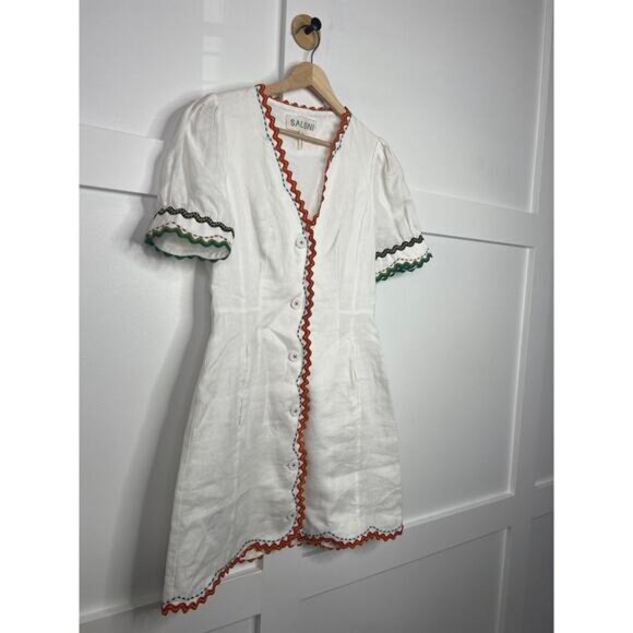 NEW Saloni Marlee Embroidered Scallop-Edge Embroidered Linen Dress White Size: 4 - Picture 3 of 8
